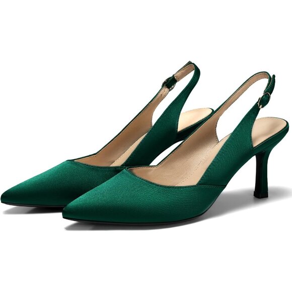Women's Satin Green Faux Leather Pointed Toe Slingback Stylish Buckle Pump Shoes - Picture 4 of 6